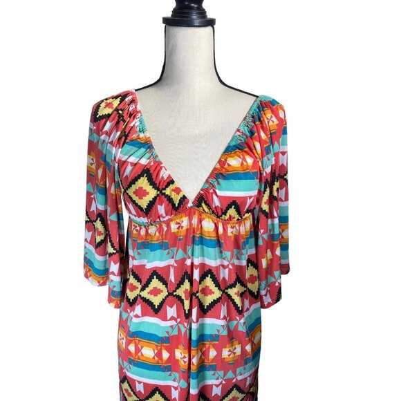 Boho Chic V-Neck Tribal Print Mini Dress With 3/4 Sleeves & Empire Waist - Picture 4 of 12